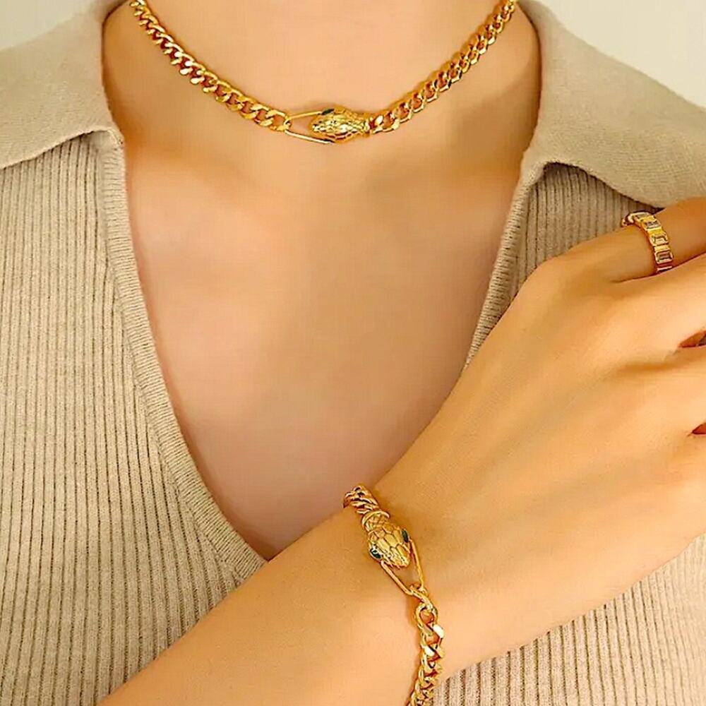 Gold Snake Choker Bracelet Matching Set, Chain Link, Serpent, Necklace